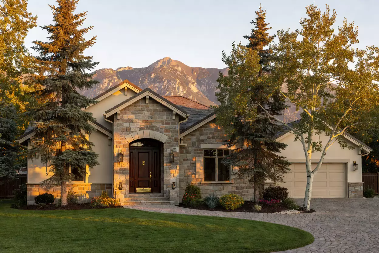 Stone and stucco Draper home at golden hour