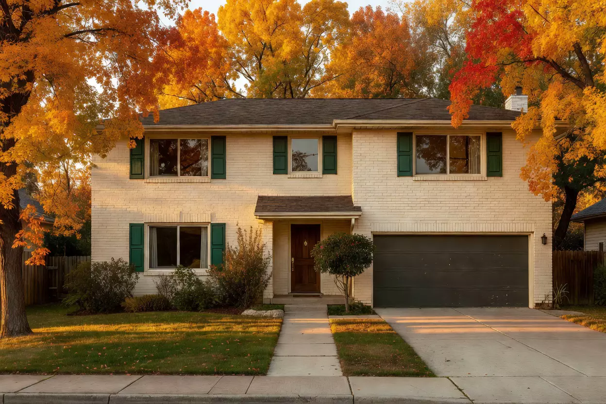 Cream brick home under mature maples at golden hour