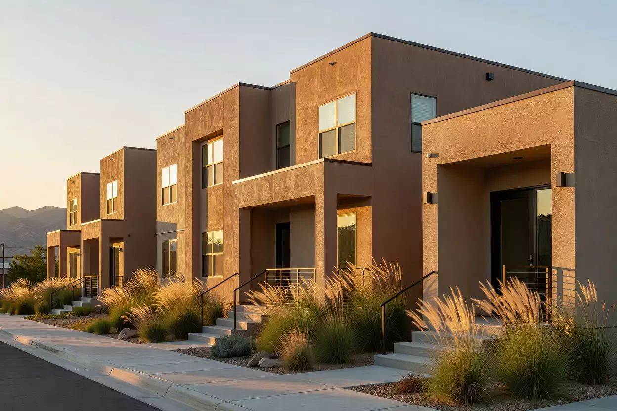 Sand-colored townhomes along Saffron Row